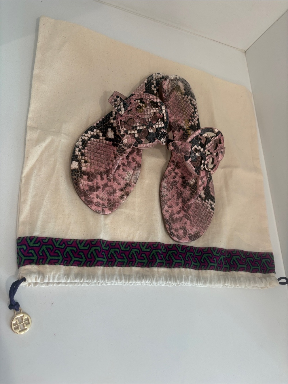 Tory Burch Miller Snake-Print Leather Thong Sandal in Pink and Brown 8.5 - Picture 10 of 15